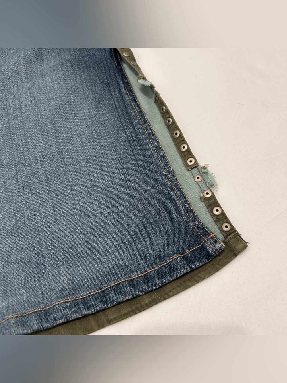 Vintage Late 90s Y2K Parasuco Patchwork Midi Skirt Denim Army Green Size 2 Rare - Picture 6 of 11